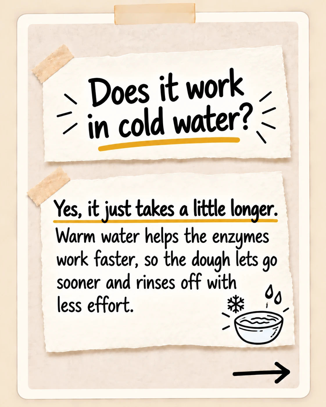 Does it work in cold water? Yes, it just takes a little longer. Warm water helps the enzymes work faster, so the dough lets go sooner and rinses off with less effort.