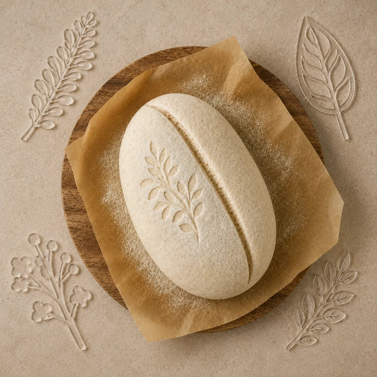 Proofed loaf on parchment showing a leaf pattern made with an After Dough bread stencil