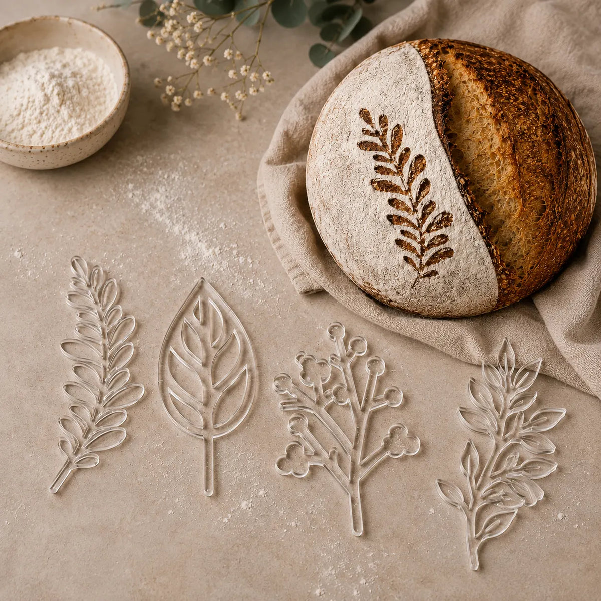 Four acrylic botanical bread stencils beside a sourdough loaf with a flour-dusted fern design