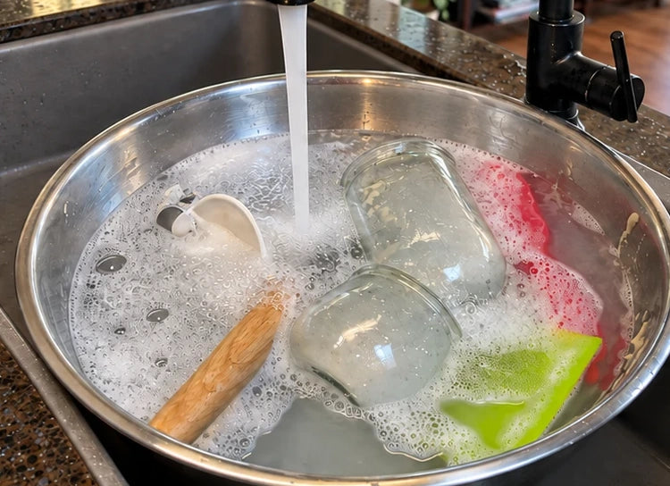 Warm water running into the bowl over jars, a dough hook and spatulas
